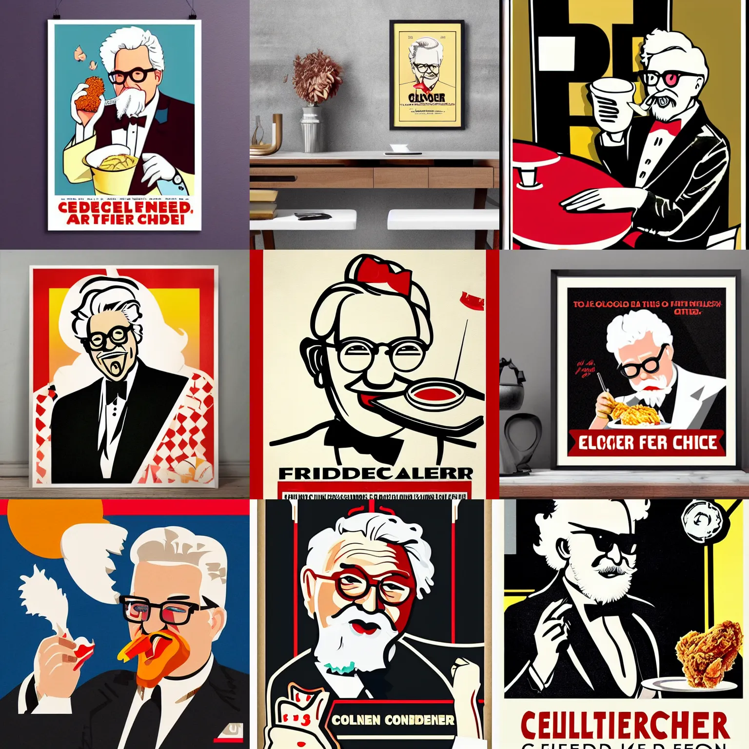 Prompt: colonel sanders eating fried chicken in art deco poster