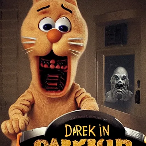 Image similar to garfield in a found footage horror movie, dark, scary