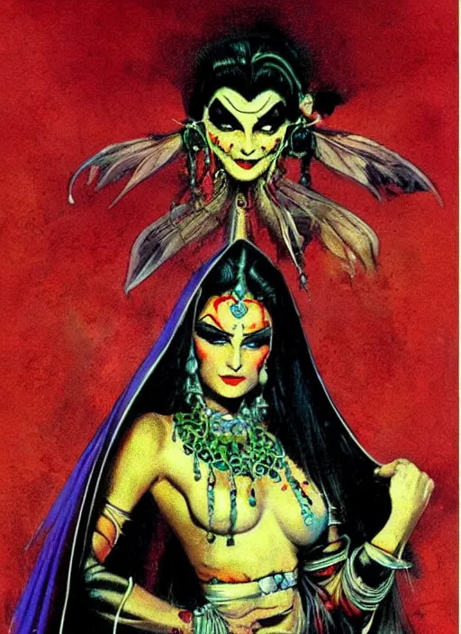 Image similar to female indian vampiress, jeweled veil, strong line, saturated color, beautiful! coherent! by frank frazetta, high contrast