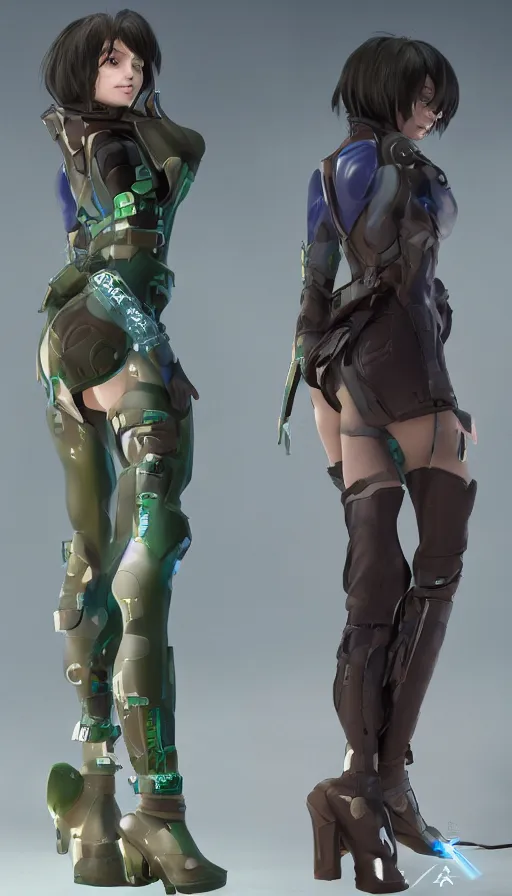 Prompt: render beautiful 3 d anime woman with short brown hair, heterochromia, blue eye and green eye, sci fi glowing bodysuit with mechanical boots, heavy makeup, short smile, cinematic lightning, highly detailed, trending on artstation, unreal engine 4 k, blender, cinematic color grading