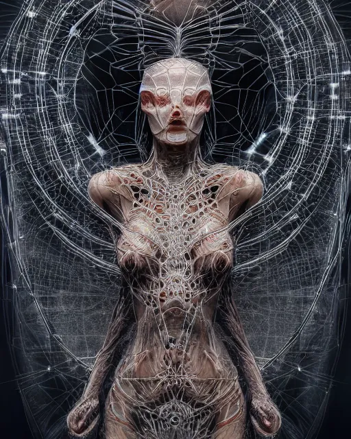 Prompt: timeless spiderwoman deity with circuitry skin and networked mind tripping on acid, intricate detail, royo, whealan, giger, klimt, hd, octane render, unreal engine,
