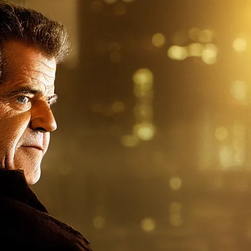 Image similar to a still of mel gibson, studio lighting, shallow depth of field, lights of city in the background, profession photography, 4 k