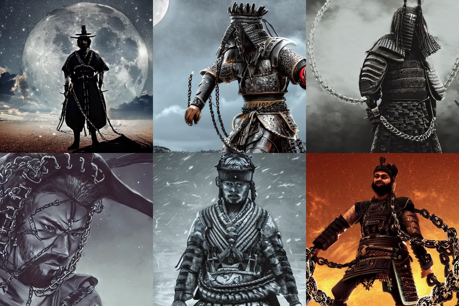 Prompt: samurai man wrapped in chains , full moon background realism 4k ultra hd interstelar wallpaper style