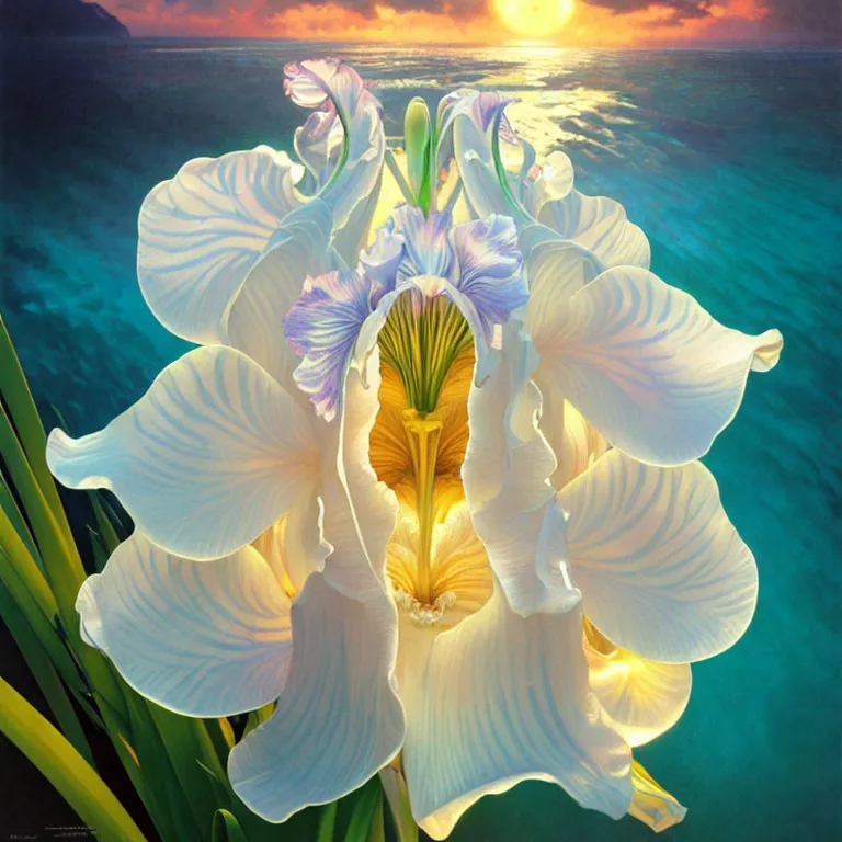 Image similar to detailed giant white holographic orchid iris hybrid flower surrounded by ocean waves, lsd water, lsd ripples, droplets, backlit, sunset, refracted lighting, art by collier, albert aublet, krenz cushart, artem demura, alphonse mucha