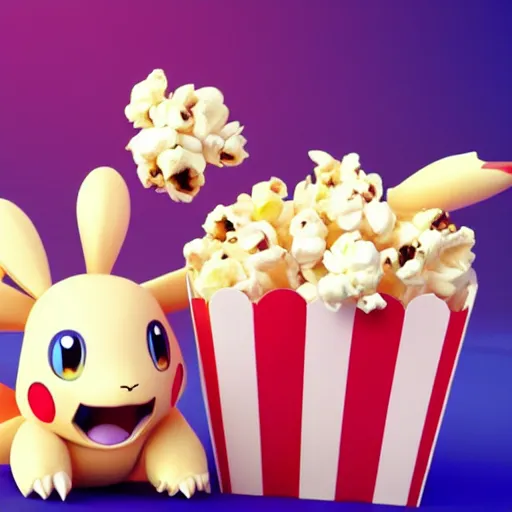 Image similar to 3 d render of a popcorn based pokemon, funny, cute