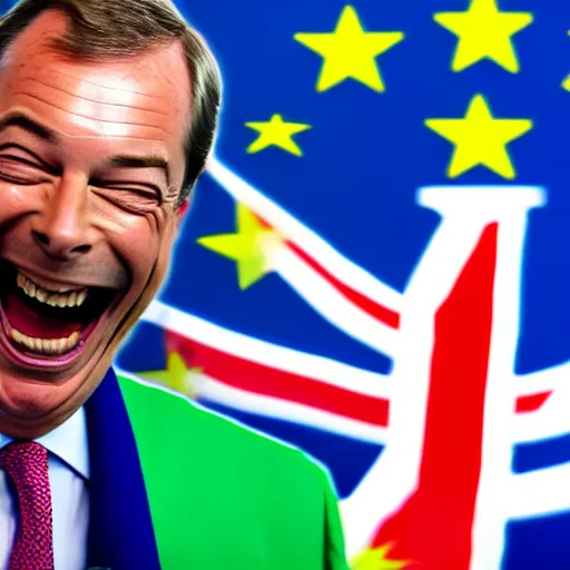 Image similar to nigel farage laughing holding lighter, burning eu flag, studio photograph, hd, studio