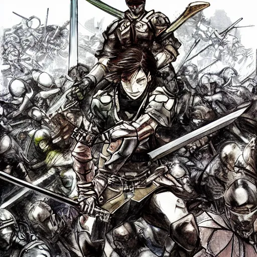 Image similar to one hero with sword looking at army of swordsmen in the background, in the middle of an arena, crowd of people, pencil art, straight, clear, added detail, high definiton, colored, backfacing, by yoji shinkawa