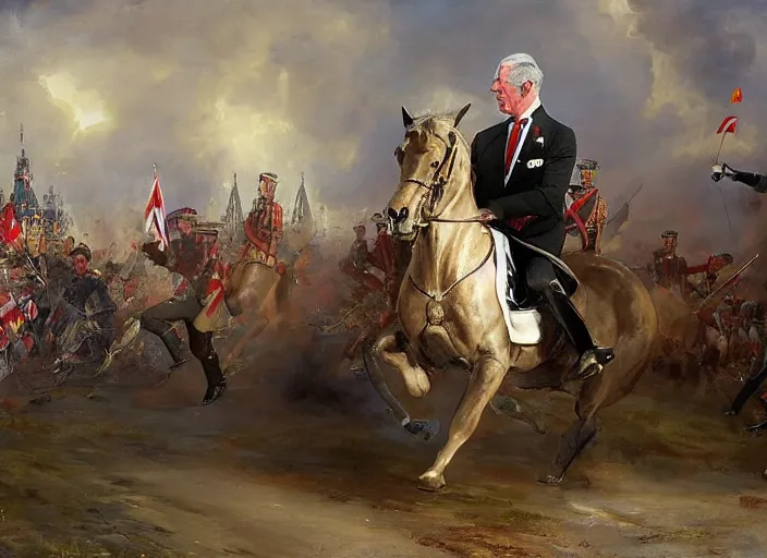 Prompt: prince charles doing a funny walk during the battle of berlin by wlop and vladimir volegov and alexander averin and delphin enjolras and daniel f. gerhartz