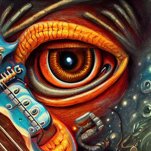 Image similar to eyes, fire, guitar, extremely Highly detailed, Occult, funny, humorous, humor, hilarious, funny, entertaining, magical, trending on artstationHQ, closeup, D&D, intricate, elegant, highly detailed, digital painting, artstation, concept art, matte, sharp focus, illustration, surrealism