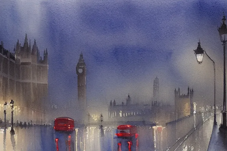 Image similar to a watercolour of rainy night at London ,blue and grey theme by Josepth zbukvic