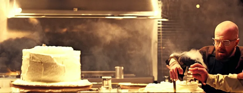 Image similar to photo of heisenberg and jesse pinkman from breaking bad cooking a cake, ultra detailed, epic, movie frame, cinematic composition, kitchen, breaking bad scene