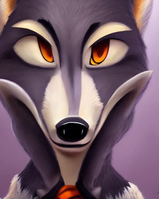 Image similar to oil painting of anthromorphic female wolf, in style of zootopia, female fursona, furry, furaffinity, 4 k, deviantart, furry art, fursona art, wearing black business suit, business suit, wolf fursona, female, very expressive detailed feminine face,