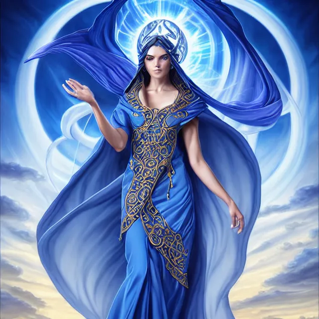 Image similar to beautiful!! elemental sky witch with intricate ornate blue and white robes and sky powers artgerm anne stokes highly detailed 8 k hdr smooth sharp focus high resolution award - winning photo photorealistic