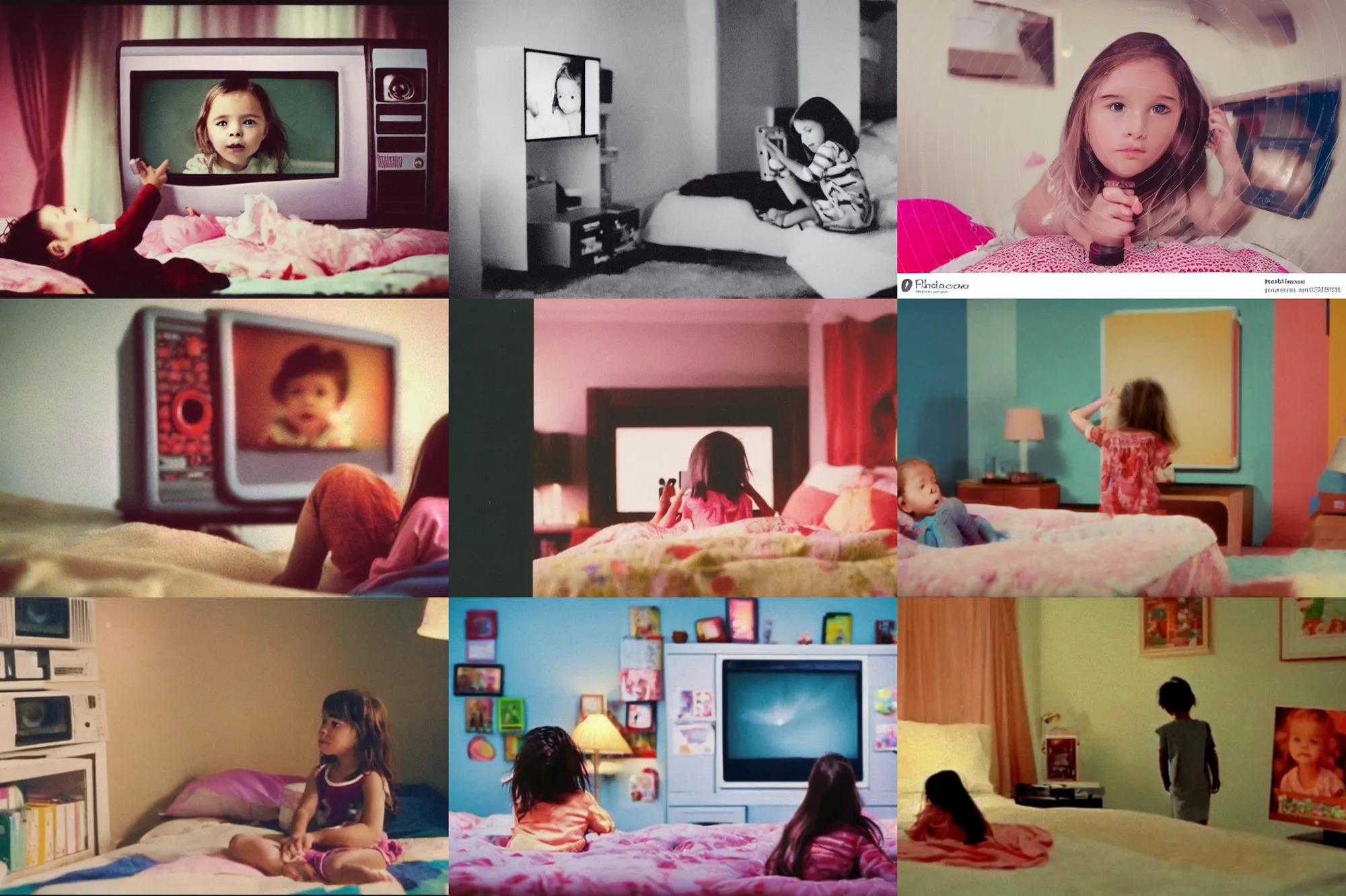Prompt: Home video footage. A little girl is watching TV in her room at night. The girl is on her bed. Color VHS picture quality with mixed noise.