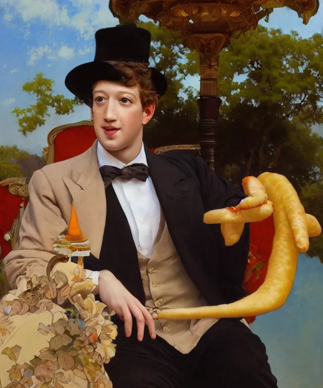 Image similar to Beautiful!! portrait of Mark Zuckerberg as an Edwardian dandy eating a corndog wearing a Velvet suit and a Top Hat sitting on a park Bench at sunset painted by Alphonse Mucha and arnold böcklin and Maxfield Parrish, hyperrealistic oil painting trending on artstation 8k