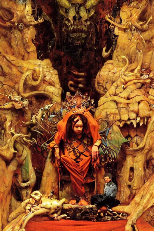 Image similar to full length portrait of crablike demonic king sitting on subterranean throne, tiny servants offer him fruit, dynamic, painted by ruan jia, lawrence alma tadema, zdzislaw beksinski, norman rockwell, jack kirby, tom lovell, alex malveda, greg staples, hand of fear, bbc, tv