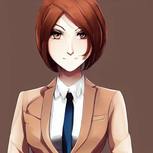 Prompt: woman in business suit, brown neat hair, animesque, pixiv, fanbox, trending on artstation, portrait, modern, sleek, highly detailed, formal, serious, determined, competent, colorized, smooth, charming, pretty, safe for work, big gooba