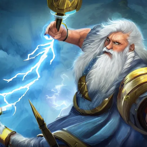 Prompt: zeus with white beard and hair, lightning bolt in zeus's hand, hearthstone art style, epic fantasy style art, fantasy epic digital art, epic fantasy card game art, zoom out