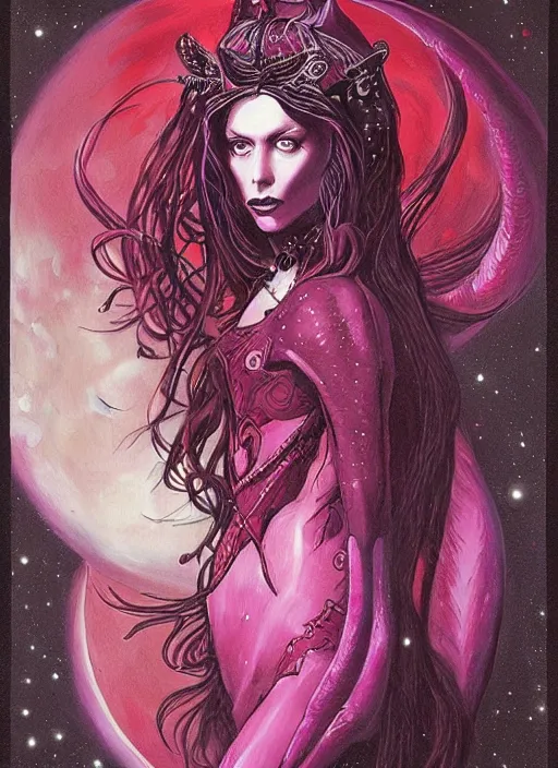 Image similar to portrait of princess of the dreamlands and moon beast, beautiful! coherent! by brom, deep colors, red maroon purple pink black, strong lines