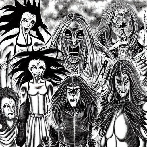 Image similar to Metalocalypse by Kentaro Miura, highly detailed, black and white