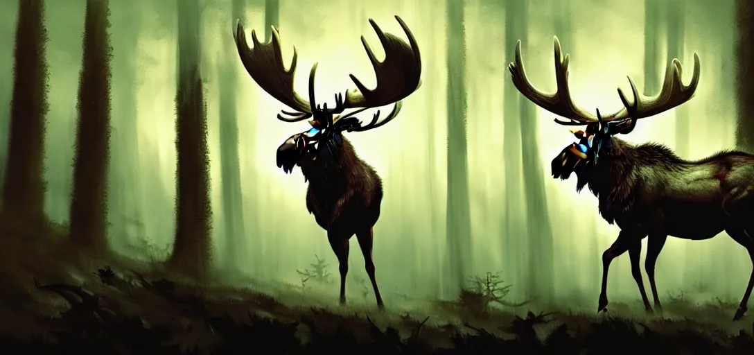 Prompt: highly detailed painting of an evil moose in a dark forest, cinematic lighting, dramatic atmosphere, by dustin nguyen, akihiko yoshida, greg tocchini, greg rutkowski, cliff chiang, 4 k resolution, luminous grassy background