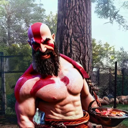 Prompt: kratos at a backyard barbecue