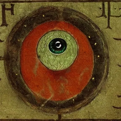 Image similar to a medieval painting of the eye of Sauron from lord of the rings