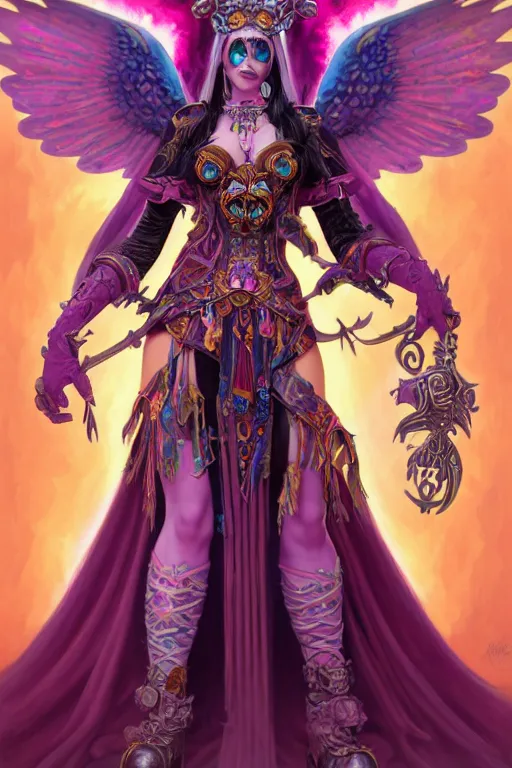 Prompt: a full body portrait of the lisa frank world of warcraft character art, gothic, highly detailed, digital painting, crown of skulls, artstation, smooth, sharp focus, illustration, art by artgerm and greg rutkowski and alphonse mucha and william - adolphe bouguereau