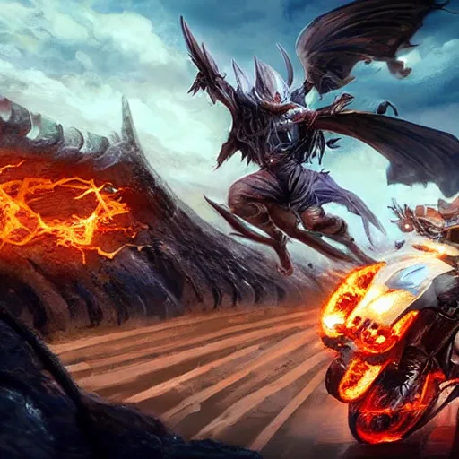 Image similar to epic wizard riding a motorcycle into the gates of hell video game concept art