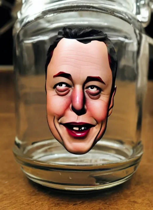 Image similar to homunculus version of elon musk pickled in a jar