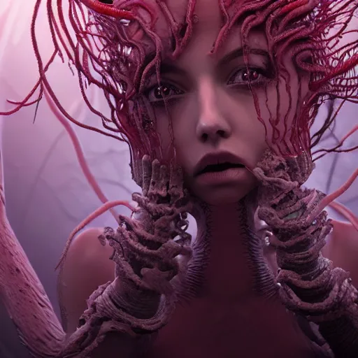 Prompt: beautiful, terrifying, demonic, full body female, with the body of a goddess, a beautiful porcelain face, with parasitic tentacles crawling up her, in a underwater horror scene, photo realistic, dramatic cinematic lighting, octane render, 4k, ultra detailed,