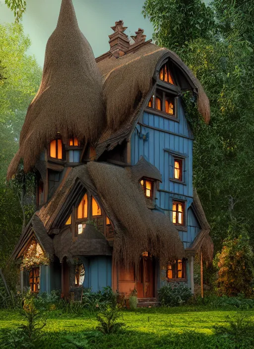 Image similar to hyper realistic homely ornate witch cottage architectural, in the woods gorgeous lighting, blue sky, highly detailed, lush forest architectural render, octane render, ue 5 raytraced