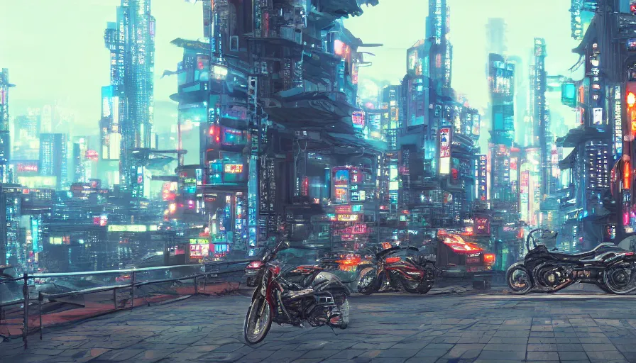 Image similar to A beautiful picture of an establishing shot of akira\'s bike on a cyberpunk neo tokyo cityscape by Sergey Vasnev and square pictures , trending on artstation