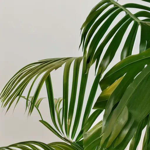 Prompt: an ultra high definition professional studio quality photograph of a transparent iridescent perspex pastel coloured jungle leaves on a plant in an empty white room. dramatic lighting, ray tracing, refraction, shallow d. o. f, colour corrected, golden ratio, three point light. volumetric shadows. god rays.