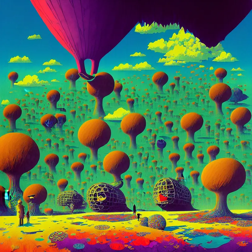 Image similar to surreal glimpse into other universe, zeppelin, island, summer morning, very coherent and colorful high contrast, art by! gediminas pranckevicius! geof darrow, volumetric lighting, cinematic, floralpunk screen printing woodblock, dark shadows, hard lighting, stipple brush