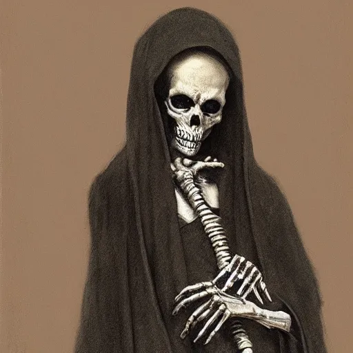 Prompt: portrait of death with hand extended, extreme hand detail, deep black robe, skeleton hand, by Maurice Sendak and Ilya Repin, artstation