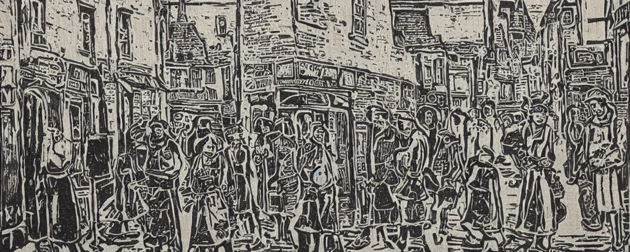 Prompt: a painting of street life in kirkwall orkney, Woodcut