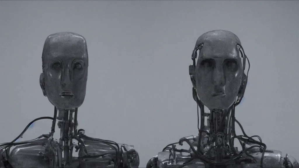 Image similar to The robot head man, movie still, cinematic composition, cinematic light, by David Lynch