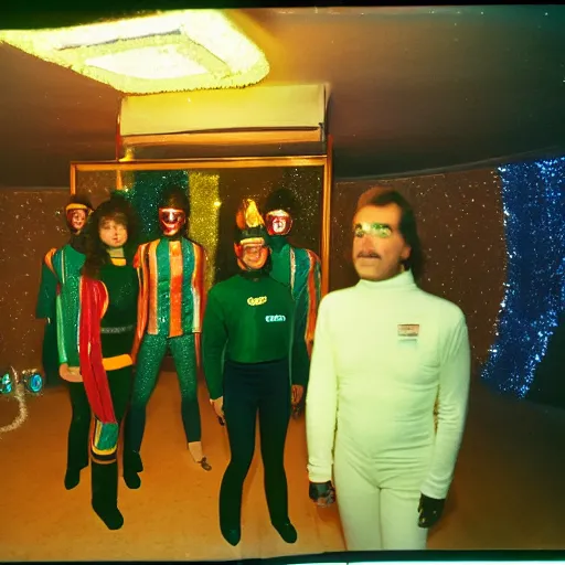 Prompt: first-person perspective view of people wearing shiny skiwear having a party inside of a 1970s luxury bungalow with infinity mirror on wall, at dusk, ektachrome photograph, f8 aperture