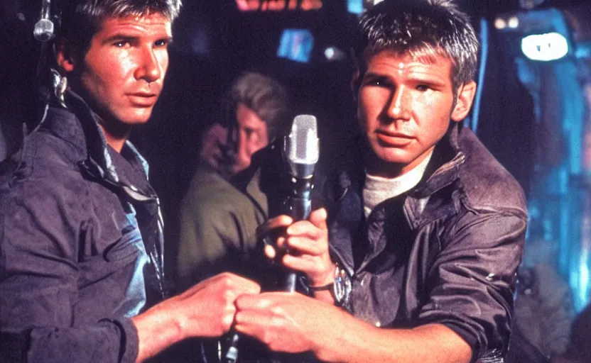 Image similar to young harrison ford as deckard from bladerunner doing standup comedy in a cyberpunk bar behind a mic