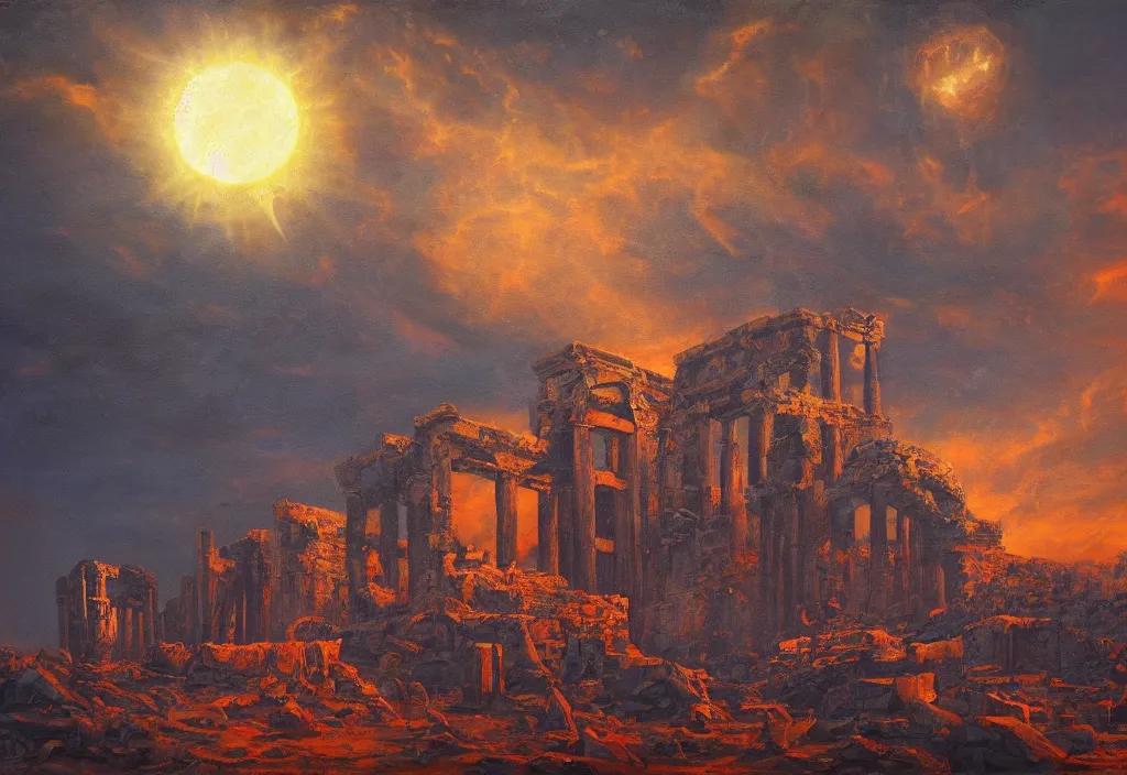 Prompt: shadow of the tyrant Sun above the ruins of the old kingdom red sun dead sky necromantic solar mythos, award winning oil painting, solar mythos palette