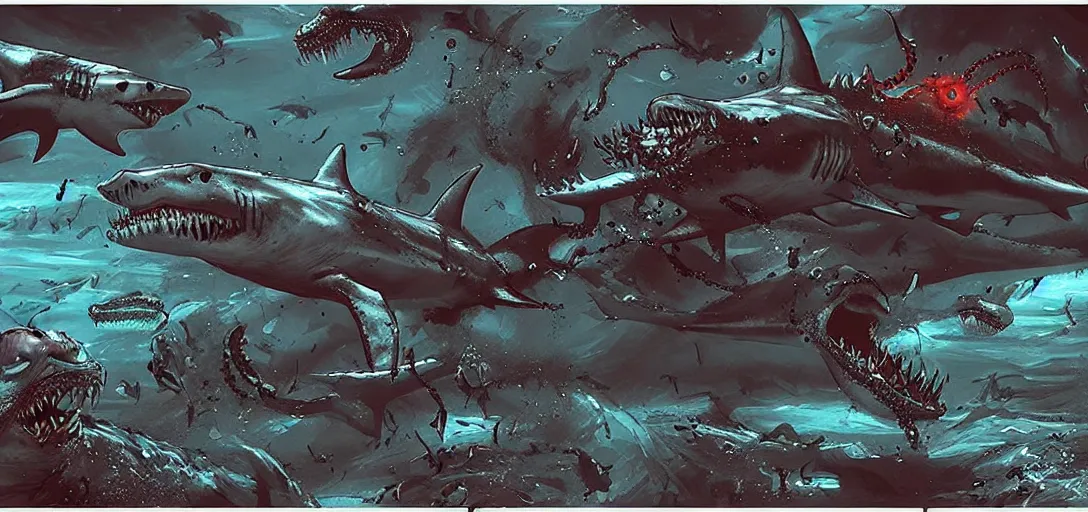 Image similar to concept art of shark attack, lovecraftian, lots of teeth, melting horror, fighting the horrors of the unknown with laser guns