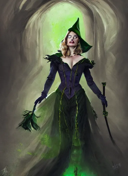 Image similar to beautiful female wicked witch, margot robbie as the wicked witch of the west, full body character concept, armor, super powers, fantasy, intricate, elegant, highly detailed, digital painting, artstation, concept art, shining, sharp focus, illustration, art by stanley lau