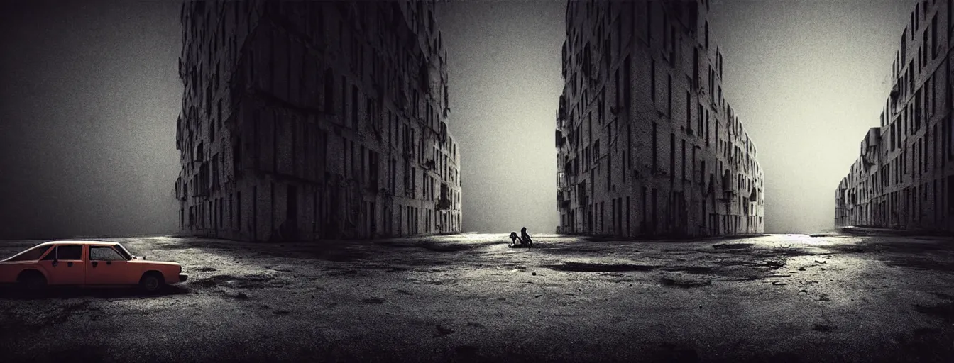 Image similar to abandoned city + a lone man + (((school of fish flying in the sky))) + (((habitat 67))), Mads Berg, Karolis Strautniekas, film noir, textured light, dramatic lighting,editorial illustration, detailed,fine texture, matte print, dark blue + dark orange, red, black, extreme perspective, volumetric light