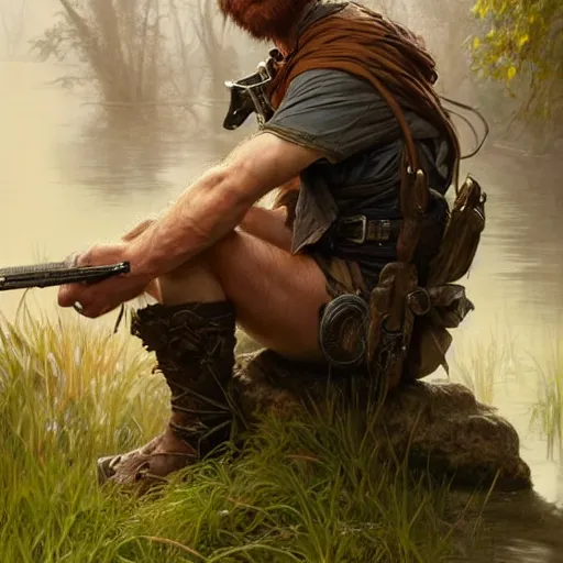 Image similar to young rugged ranger sitting by a stream, muscular thighs, soft smile, D&D, fantasy, intricate, cinematic lighting, highly detailed, digital painting, artstation, concept art, smooth, sharp focus, illustration, art by Artgerm and Greg Rutkowski and Alphonse Mucha