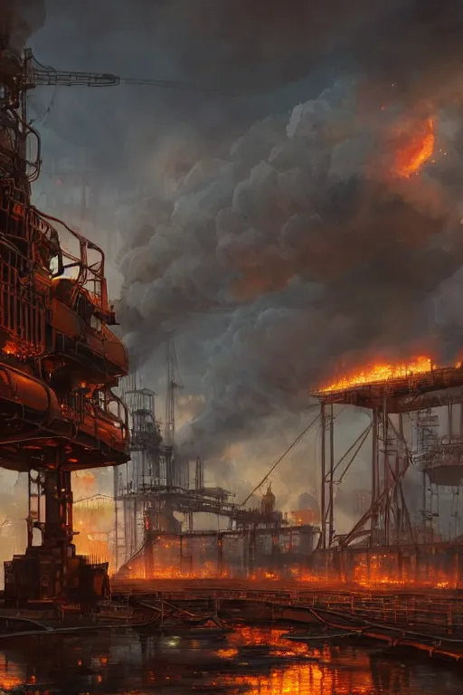 Image similar to a highly detailed matte painting of a soviet steampunk oil rig on fire at night by studio ghibli, makoto shinkai, by artgerm, by wlop, by greg rutkowski, volumetric lighting, octane render, 4 k resolution, trending on artstation, masterpiece