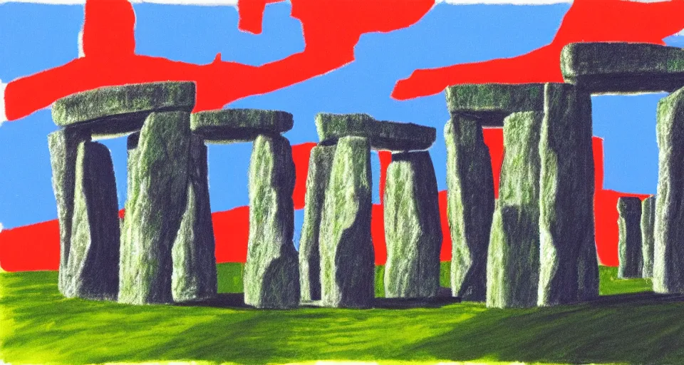 Prompt: color sketch of stonehenge, highly detailed, dramatic lighting, intense shadows, rich deep colours, by david hockney