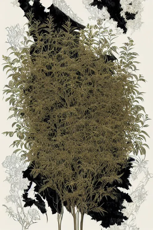 Image similar to herbarium page, highly detailed, ( ( fantasy plants ) ), thin gold details, cool white, ( black background ), intricate digital painting by denis sarazhin, victo ngai, post processing, color grading