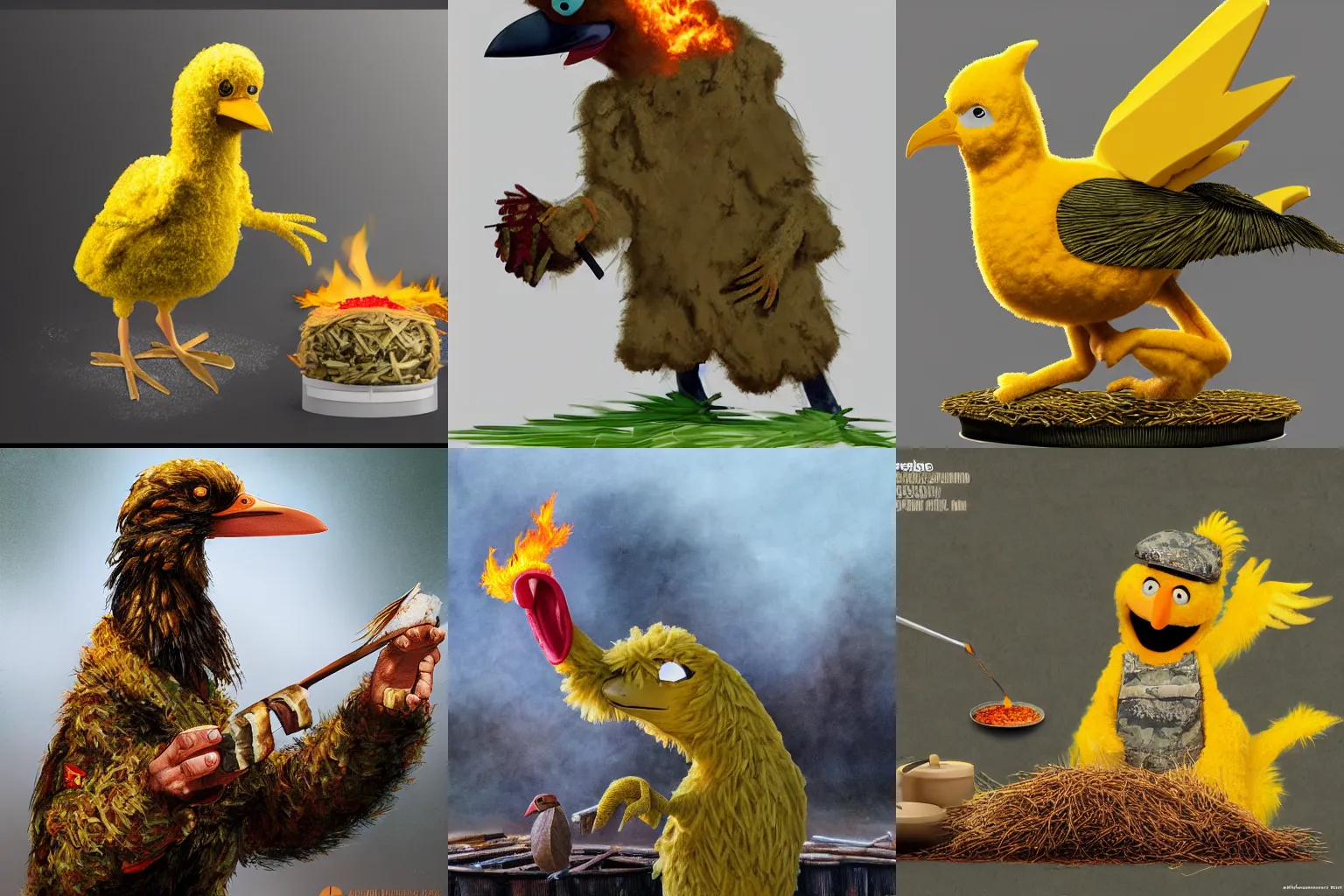 Prompt: Big bird wearing camo fatigues. In the background is a vietnamese rice patty on fire. award-winning on artstation, Highly detailed.