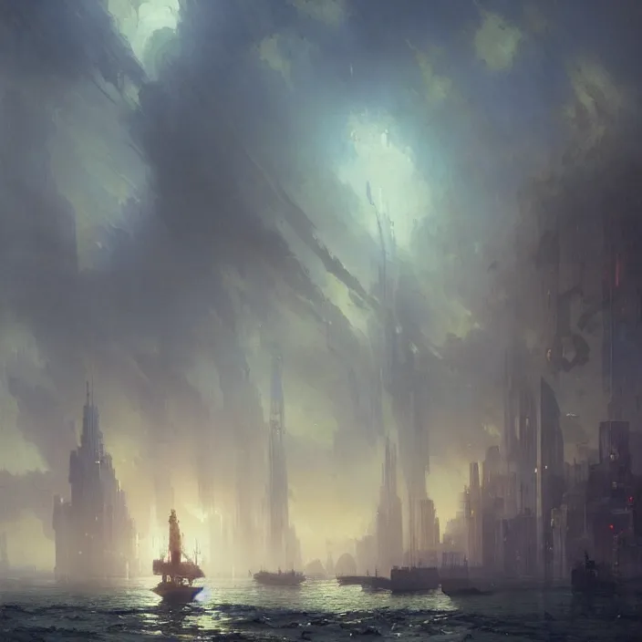Image similar to a beautiful painting of a cyberpunk city on the sea by ivan aivazovsky and greg rutkowski and james gurney and frank lloyd and sung choi, in style of digital art illustration. hyper detailed, sharp focus, soft light. unreal engine 5 lumen. ray tracing. trending on artstation.